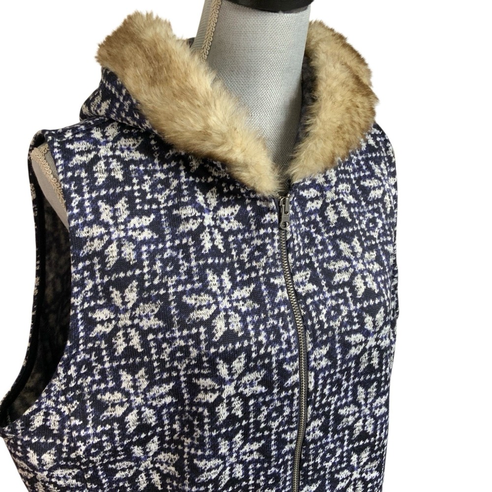 Talbots‎ Knit Vest Full Zip Navy Blue Faux Fur Trim Hood Snow Flake Nordic 2X - Picture 5 of 16